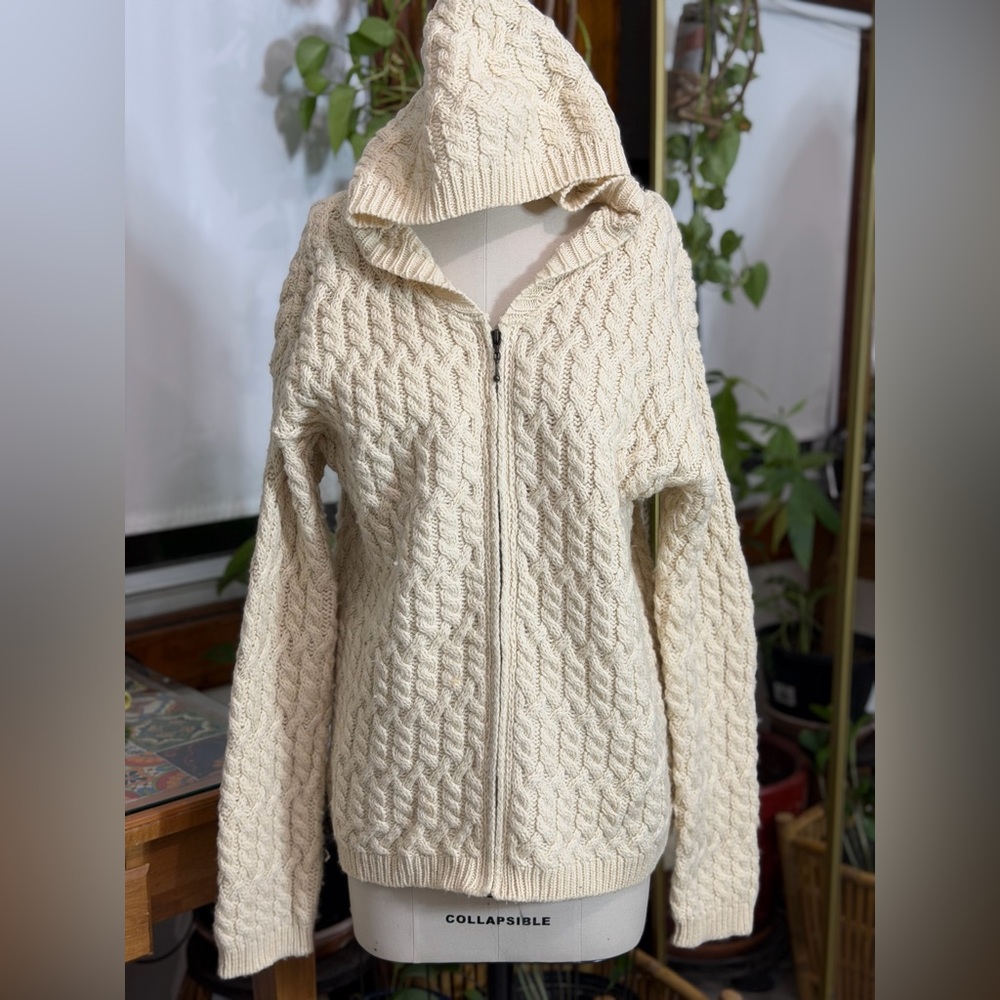 Aran Crafts Sweater Womens L Hooded Full Zip Wool Ireland Cable Knit Beige